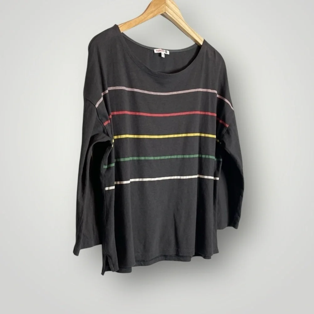 Sundry Striped Pullover Top Size Large 3/4 Sleeve Gray 100% Cotton EUC - Picture 3 of 8